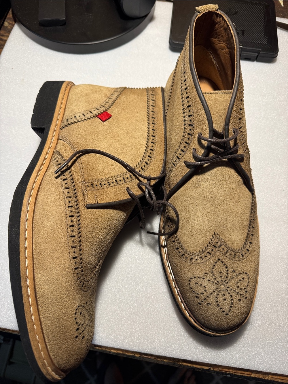 Marc Joseph Men's Suede Wingtip Derby Shoes - Tan
